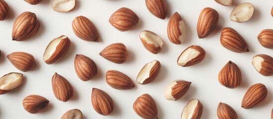 Wall Mural - Brown almond shells scattered on a light background with some halves removed and copy space for text