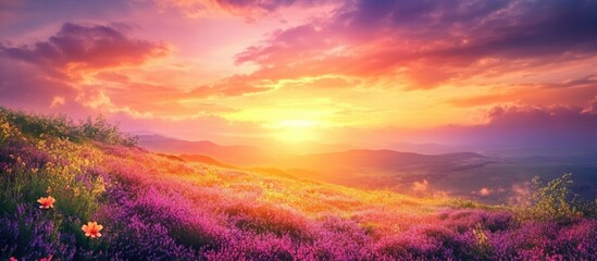 Poster - Colorful sunset over a vibrant field of wildflowers on a hillside with mountains in the distance Copy Space