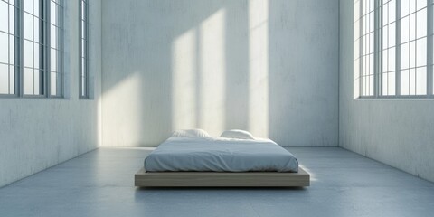 Poster - Minimalist bedroom interior with large windows and natural light featuring a simple wooden bed with a white mattress and bedding Copy Space