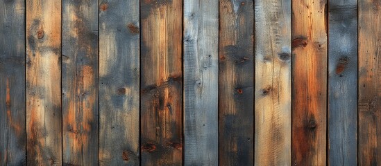 Poster - Wooden wall texture with a mix of gray, brown, and orange tones featuring natural grain patterns and copy space for text placement