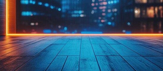 Poster - Neon illuminated wooden floor with city skyline backdrop at night featuring blue and orange tones suitable for copy space.