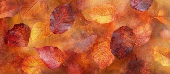 Poster - Autumn leaves background in warm colors of red orange and yellow with soft focus and space for text