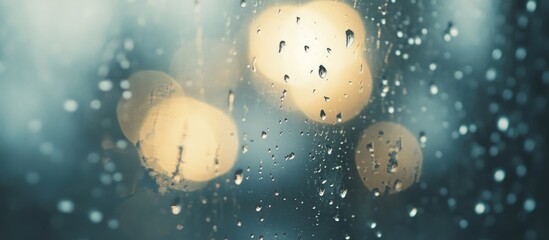 Poster - Rain droplets on window glass with blurred bokeh lights in the background and soft focus effect suitable for texture or mood imagery