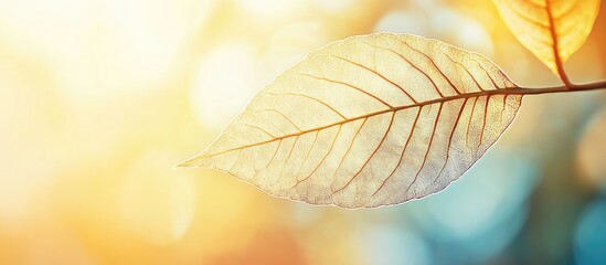 Poster - Close-up of a translucent leaf with intricate veins and warm sunlight in the background, natural light with bokeh effect, Copy Space.