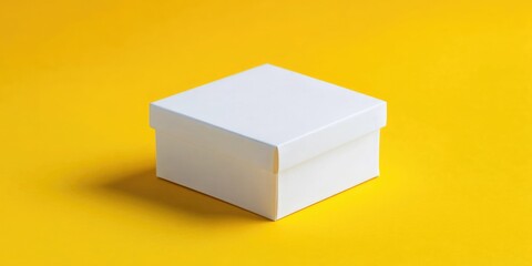  - White gift box on a vibrant yellow background with ample copy space for text or branding. Minimalist packaging concept.