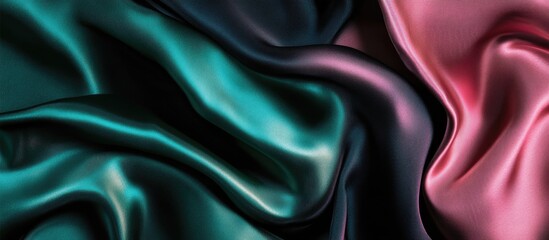 Poster - Textured silk fabric in shades of green, black, and pink with smooth folds and waves, ideal for background design, Copy Space available.