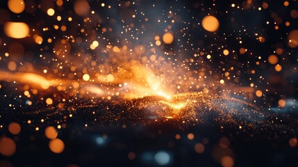 Poster - Abstract golden particles and glittering lights on a dark background with a luminous glow and soft focus effect Copy Space