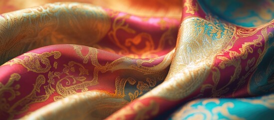 Poster - Vibrant patterned fabric with intricate gold designs on rich colored silk textile texture suitable for background use or design elements
