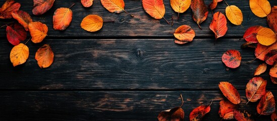 Poster - Autumn leaves scattered on dark wooden background with copy space for text or design elements