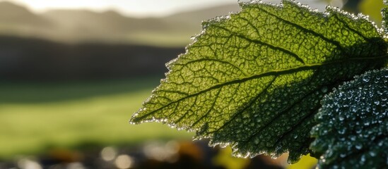 Poster - Close-up of a green leaf with dew drops backlit by sunlight, showcasing intricate leaf veins and a blurred natural background. Copy Space
