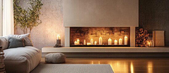 Poster - Cozy modern living room interior with minimalist fireplace candles natural light and decorative elements Copy Space