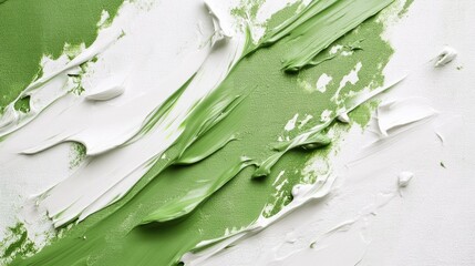 Fototapete - Green and white paint texture on canvas background with visible brush strokes and abstract patterns Copy Space