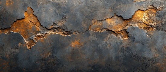 Poster - Textured grunge wall background with cracks showing rust and peeling paint in dark tones with brown accents and Copy Space