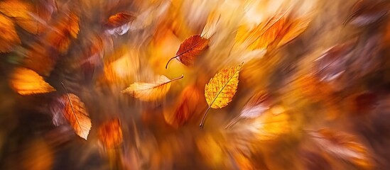 Poster - Autumn leaves in motion with orange and brown hues creating a dynamic blur effect against a soft background Copy Space