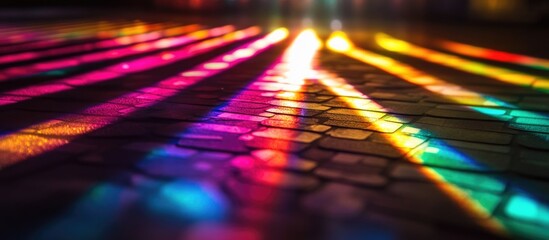 Fototapete - Colorful light reflections on textured surface with geometric patterns and vibrant hues creating an abstract visual effect Copy Space