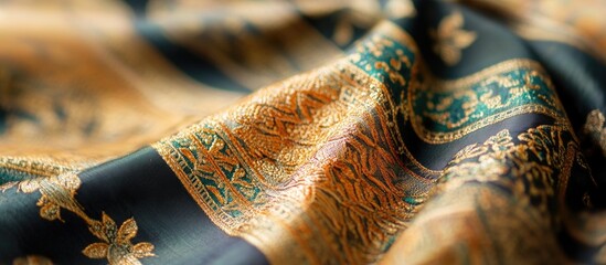 Poster - Close-up of luxurious silk fabric with intricate gold and blue patterns ideal for textile and fashion design Copy Space