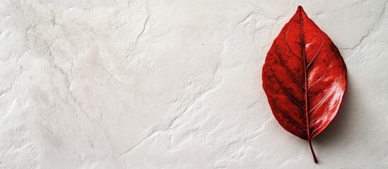 Poster - Red leaf on textured white background with natural stone appearance and ample copy space for text insertion