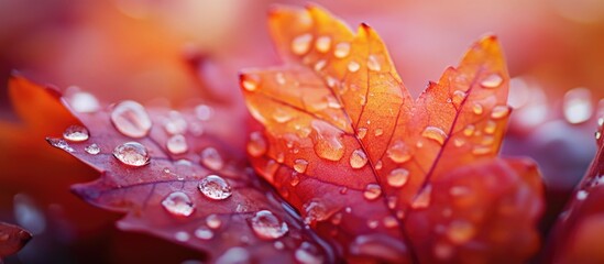 Poster - Close-up of autumn leaves with water droplets showcasing vibrant red and orange colors and soft blurred background Copy Space