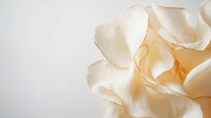 Poster - Close-up of a delicate white fabric flower with soft petals against a light background Copy Space