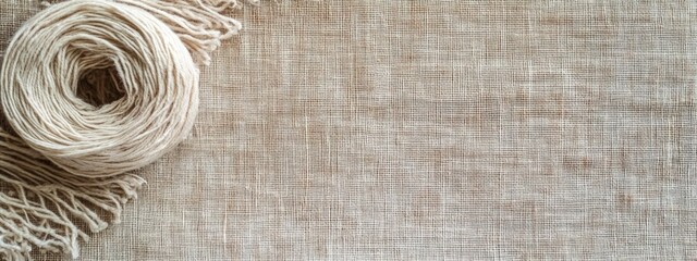 Poster - Textured linen fabric background with a rolled yarn ball and fringe, neutral tones and ample copy space for design elements.