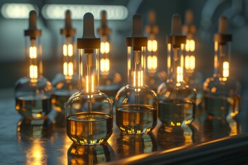 Poster - Laboratory glassware containing glowing liquid sitting on a metal countertop in a medical research lab