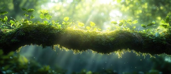 Poster - Mossy log covered with small green plants in a sunlit forest setting with soft beams of light and a blurred background Copy Space