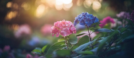Poster - Hydrangea flowers in soft focus with warm sunlight creating a bokeh background capturing a natural and vibrant garden scene Copy Space