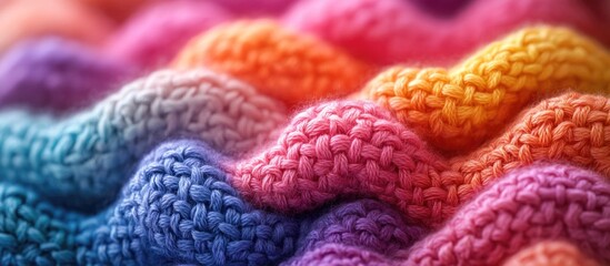Poster - Colorful knitted fabric texture close-up with wavy patterns in shades of pink, orange, blue, and purple, suitable for background or textile design