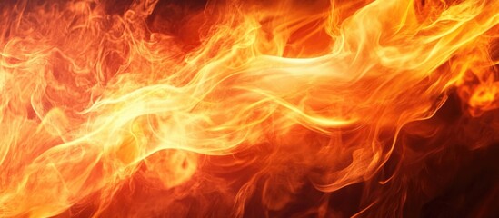 Poster - Abstract fire flames in vivid orange and yellow hues with flowing smoke waves on dark background ideal for design projects with copy space.