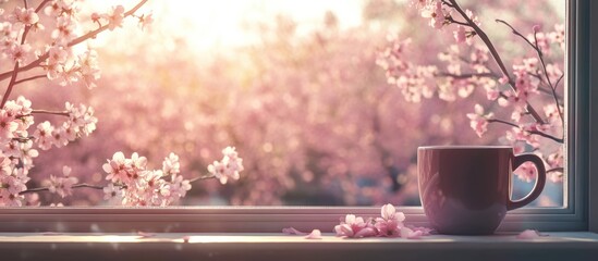 Poster - Springtime window view with blooming cherry blossoms and a coffee mug on the sill, natural light creating a soft ambiance, Copy Space