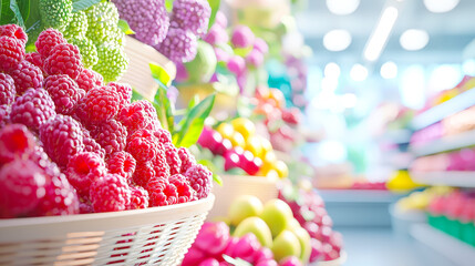 Poster - Baskets filled with raspberries and other fruits showcase a colorful arrangement in a bright grocery store aisle