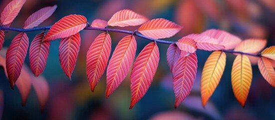 Poster - Colorful autumn leaves on a branch with vibrant hues of red, orange, and yellow against a blurred background Copy Space