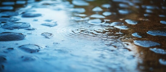Poster - Close-up of water droplets on a surface with ripples forming in clear liquid reflections Copy Space