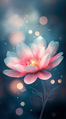 Poster - Delicate pink lotus flower stands out against a blurred, dreamy backdrop filled with soft glowing orbs and twinkling lights