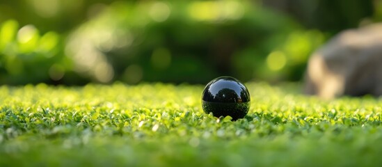 Poster - Black reflective sphere on lush green grass with soft focus background and natural sunlight highlighting the scene