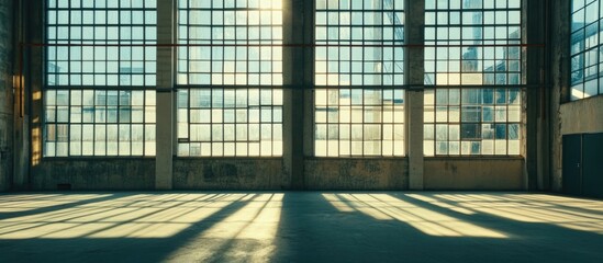 Poster - Industrial interior with large windows casting shadows on the floor in an empty warehouse space Copy Space