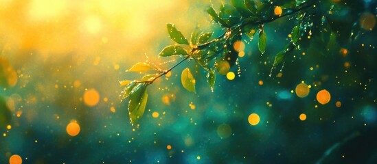 Poster - Macro close-up of green leaves with water droplets and blurred bokeh effect in sunlight illuminating a natural background with copy space