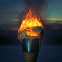 Poster - Surreal scene of melting ice cream cone on fire whimsical and dramatic evening glow unique art concept
