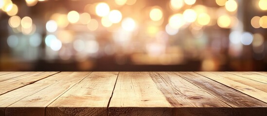 Poster - Wooden table top with blurred warm bokeh background suitable for overlaying text Copy Space