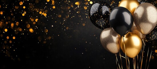 Wall Mural - Gold and black balloons with glitter on dark background with bokeh lights festive decoration Copy Space