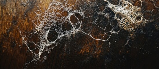 Poster - Close-up view of complex web-like soap bubbles on a dark wooden surface with textures and patterns visible Copy Space
