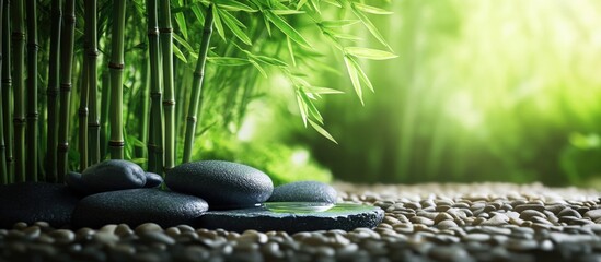 Poster - Bamboo plants with smooth black stones and pebbles on the ground in a serene natural environment with soft green light and Copy Space