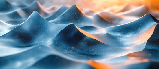 Fototapete - Abstract close-up of flowing waves featuring smooth surfaces with blue and orange gradients and soft light reflections Copy Space