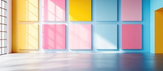 Fototapete - Colorful modern interior wall with empty picture frames, bright sunlight casting shadows, minimalist design, Copy Space