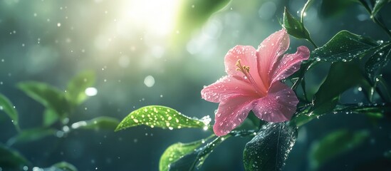 Poster - Pink hibiscus flower with water droplets on petals surrounded by green leaves and soft natural light Copy Space