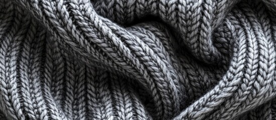 Poster - Close-up of textured gray knitted fabric showcasing intricate patterns and soft fibers with sufficient Copy Space for text placement.