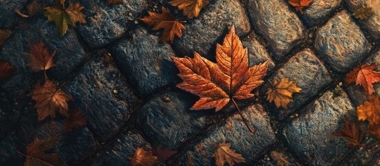 Poster - Autumn leaves scattered on cobblestone pavement with a single vibrant orange leaf in the center Copy Space