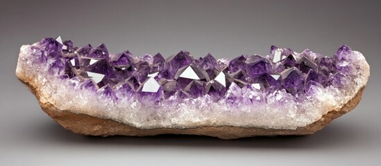 Poster - amethyst geode with purple crystalline formations on natural stone base, isolated on gray background