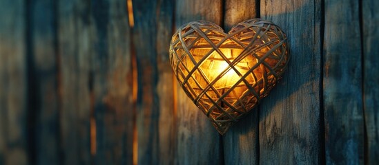 Poster - Wicker heart shaped lantern glowing against wooden wall creating warm ambiance with copy space for text