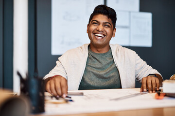 Poster - Portrait, man and architect with smile in office of architecture design, floor plan and project report. Male person, blueprint and ambition for real estate, property sketch and renovation proposal